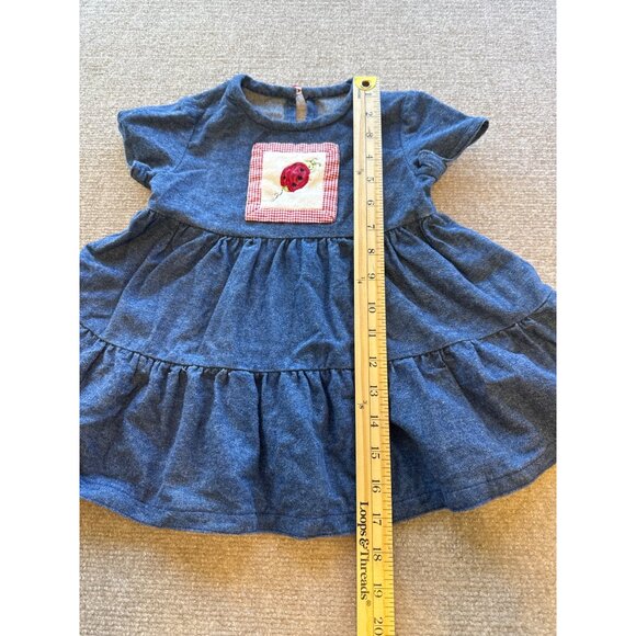 Blue Denim Baby Girl Dress Ladybug Patch & Gingham Detail Tiered Dress 12M - Picture 3 of 6